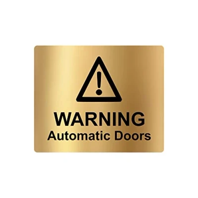 Image of Warning Automatic Doors Sign, Adhesive Sticker Notice, engraved with Universal Icon Symbol and Text (Size 12cm x 10cm) (Gold)