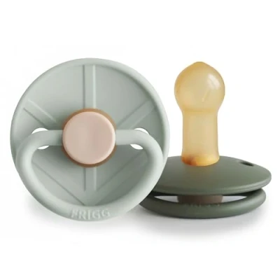 Image of FRIGG Little Viking Latex Pacifier Pack of 2 Pacifiers Natural Rubber Soother Dummy BPA Free Made in Denmark Symmetrical Cherry Shaped Nipple (Sage/Olive, Size (6 18 Months))