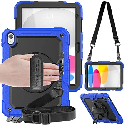 Image of TECHGEAR UTILITY Case fits Apple iPad 10 2022 [10th Generation] 10.9&quot; Tough Rugged HEAVY DUTY Armour Shockproof 360 Degree Rotating Stand, Hand and Shoulder Strap Blue