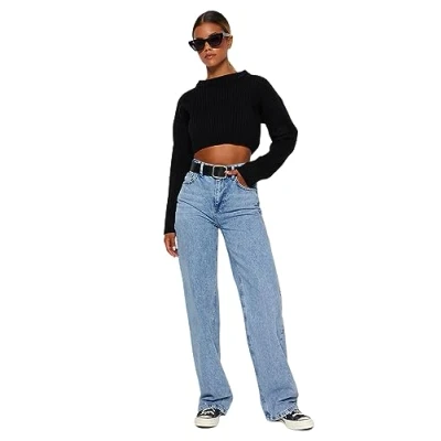 Image of TRENDYOL Women&#039;s Straight Wide Leg High Waist Jeans, lightblue, 6