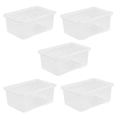 Image of Plastic Storage Boxes Crystal Clear 45L Box &amp; Lid Home Office Stackable Nest able Pack of 5