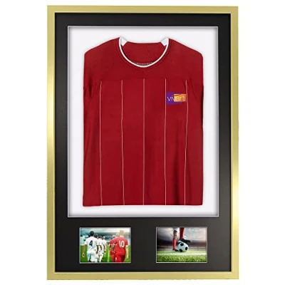 Image of Vivarti DIY Adult 3D Mounted + Double Aperture Sports Shirt Display Frame for Football Shirt, Rugby Band T Shadow Box 61 x 91.5cm Gold Frame, Black Mount, White Backing Card