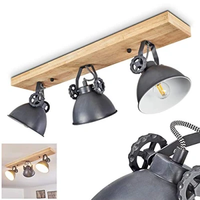 Image of Ceiling lamp Svanfolk, Metal/Wood in Blue Grey/Nature, 3 Flame, with Adjustable spotlights, x E14 socket, Retro/Vintage Design, Without Bulbs
