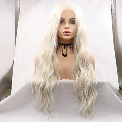 Image of Platinum Blonde Water Wave Synthetic Lace Front Wig Hair Wigs for Women Heat Resistant Cosplay Party 26Inch (Platinum Blonde)