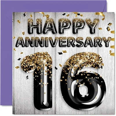 Image of Awesome 16th Anniversary Card for Husband Boyfriend Wife Girlfriend Black Gold Glitter Balloons Happy 16 Cards from Family, 145mm x Greeting Sixteenth Anniversaries