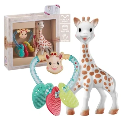 Image of Sophie la girafe Sophiesticated Original Teether with Heart Rattle Gift Set, 100% Natural Rubber Baby Teething Toy, Box Set Bag and Card