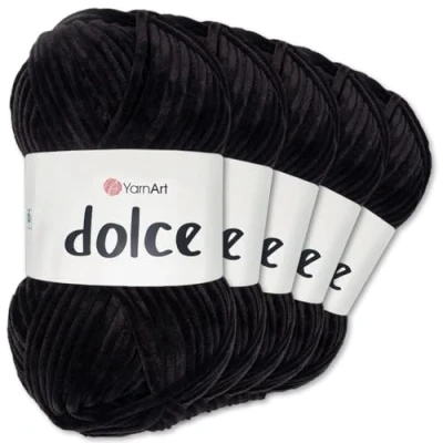 Image of Frida&#039;s Wollhaus YarnArt 5 x 100 g Dolce Chenille Wool Yarn Knitting Crochet Amigurumi 52 Colours (742 Black)