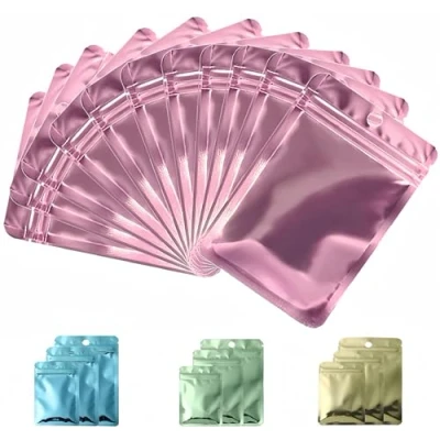 Image of Rimiko 50pcs Resealable Sample Bags, Small Ziplock Mylar Bags with Hanging Hole, Clear Foil for Packaging, Retail, Food and Items Storage (Metallic Pink, 3.0&quot;x4.7&quot;)