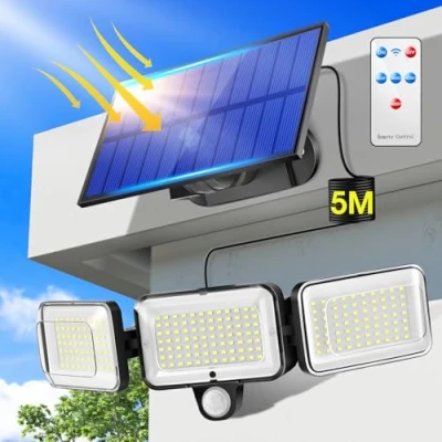 Image of PIKOY Focos Led Exterior Solares, 224LED+2000Lm+300 Gran Angular Luz Solar Jardin, 4 Modo &amp; Remoto Foco Exterior, IP65 Lampara Luces Solares Jardin