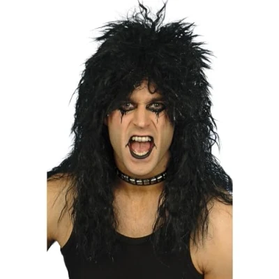 Image of Smiffys HARD ROCKER WIG, BLACK Long Tousled, 1980&#039;s Fancy Dress, 1980s Dress Up Wigs