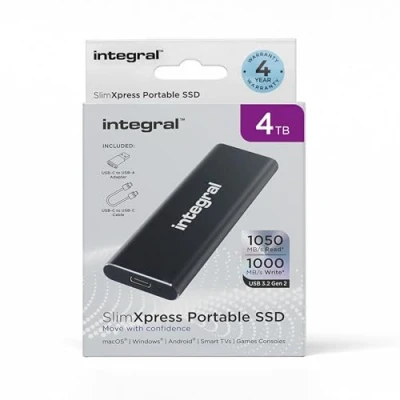 Image of Integral SlimXpress 4TB USB &amp; C 3.2 Gen 2 Portable External SSD Super Fast 1050MB/s Read / 1000MB/s Write speeds, Sleek Aluminium Casing and Plug Play. Mac, PC, XBOX Playstation Compatible