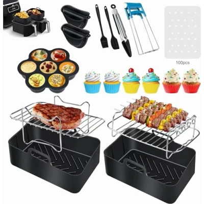 Image of Dual Air Fryer Accessories for Ninja: Silicone Liners Ninja Af400uk Af300uk Tower T17088 Reusable Airfryer Basket Rack Salter Instant Vortex Zone