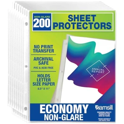 Image of Samsill 200 Pack Sheet Protectors, 8.5x11 Inch Page Protectors for 3 Ring Binder, Standard Weight, Non Glare Protector, Letter Size, Top Loading, Acid Free
