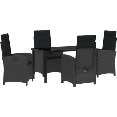 Image of vidaXL 5 Piece Garden Dining Set with Cushions Black Poly Rattan