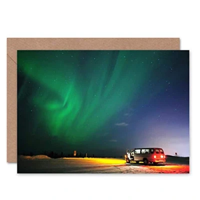 Image of Wee Blue Coo Northern Lights Camper Van Night Green Aurora Birthday Sealed Greeting Card Plus Envelope Blank inside