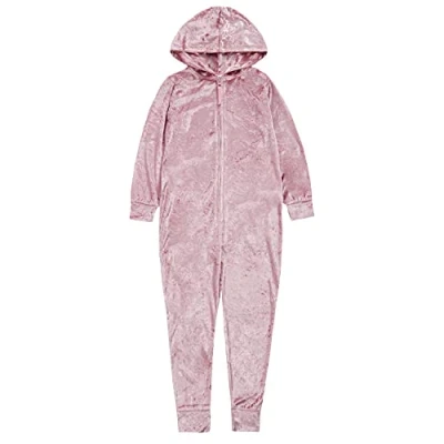 Image of Kids Girls Pink Crushed Velvet Onezees Long Sleeved Lounge Pyjamas All in One Size 9 10 Years