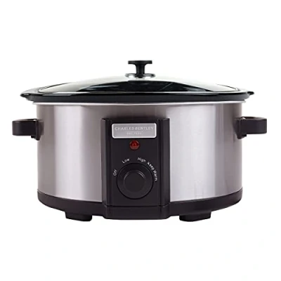 Image of CHARLES BENTLEY 6.5L Capacity, Slow Cooker, Black, Removable Ceramic Bowl, Large, Stainless Steel, Tempered Glass Lid, Serves 5 6 People, 315W, 2 Heat Settings, Keep Warm Function (41.5x31x24.5cm)