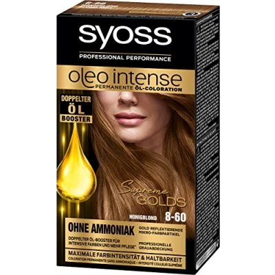 Image of Syoss Oleo Intense Permanent Oil Colouration, 8 60 Honey Blonde Level 3, Pack of 3 (3 x 115 ml)