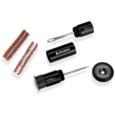 Image of Granite Stash Tubeless Flat Tyre Repair Kit Bike Tool Easy Handlebar Storage Complete Plug 2 Different Size Plugs Portable and Effortless Usage (Black)