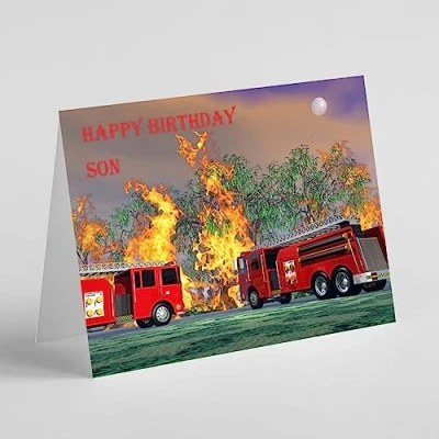 Image of Beebooh cards fire engines putting out Son birthday card