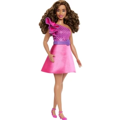 Image of Barbie Fashionistas Doll #225, Curvy Body Type with Brown Hair, Pink Sparkly Dress &amp; Accessories, 65th Anniversary Collectible Fashion Doll, HRH22