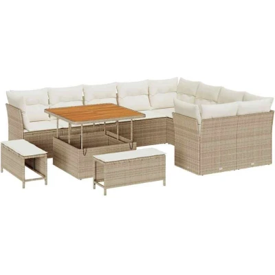Image of 12 Piece Garden Sofa Set with Cushions Beige Poly Rattan Acacia Vidaxl