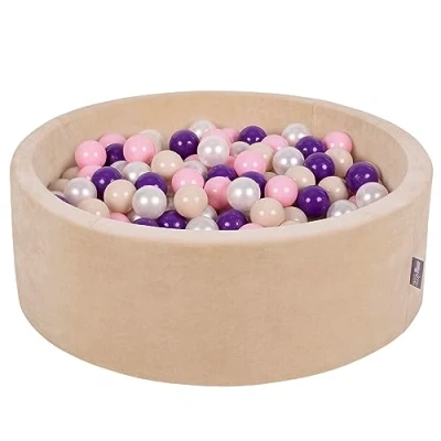 Image of KiddyMoon Soft Ball Pit Round 90X30cm/300 Balls ∅ 7Cm/2.75In For Kids, Foam Velvet Pool Baby Playballs, Sand Beige:Pastel Beige/Light Pink/Pearl/Purple
