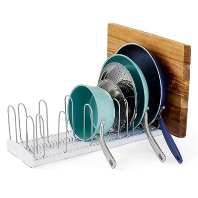Image of YouCopia StoreMore Expandable Pan and Lid Rack, Adjustable Pot Organizer for Kitchen Storage, 12.5 22 Wide,White