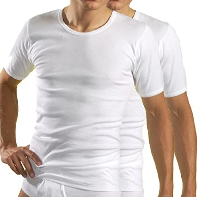 Image of HERMKO 3840 Pack of 2 Short Sleeved Shirts with Rounded Neckline, 100% Organic Cotton, Size:Large, Colour:White