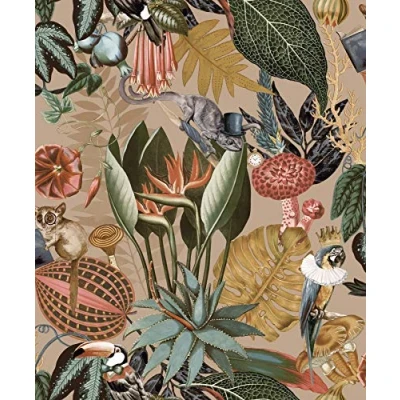 Image of Wonderland Jungle Exotic Wallpaper Holden Gold Birds Animals