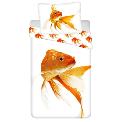 Image of Children&#039;s Bed Linen Reversible Animal Goldfish Fish Orange with White Background 140 x 200 cm + 70 90 100% Cotton Zip Closure
