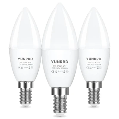 Image of YUNRRD E14 LED Light Bulb,LED Candle Bulbs Small Screw,6W 550lm,60W Equivalent SES Edison Screw in Bulbs,Warm White 2700K,Energy Saving Bulbs,220 240V,Non Dimmable,3 Pack