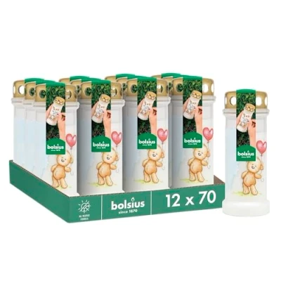 Image of Bolsius Grave Light White with Motif Pack of 12 Teddy Bear Long Burning Time 70 Hours Funeral Candle &amp; Memorial Candles Clean Without Palm Oil Stormlid