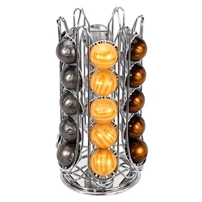 Image of Vinsani 30 Coffee Pod Holder for Nespresso Vertuo Vertuoline Pods Capsules Rotating 6 Stand Storage Rack Large Capacity Revolving Organiser Chrome