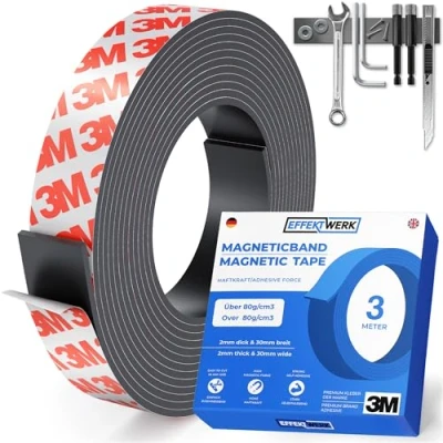 Image of Effektwerk Magnetic Tape Roll (3 Meter), Extra Thick &amp; Wide Magnet Strips w/Strong Self Adhesive Backing, Easy to Cut Stick Flat Surfaces, Perfect for DIY, Whiteboard Fridge Organization