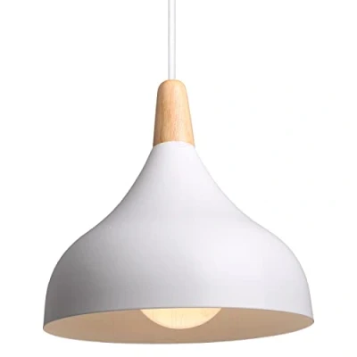 Image of iDEGU Retro Pendant Ceiling Light Modern Drop Style Hat Lampshade E27 Fixture in Metal Wood Lamp for Bedroom, Dining Room, Kitchen, Φ 20 cm (White)