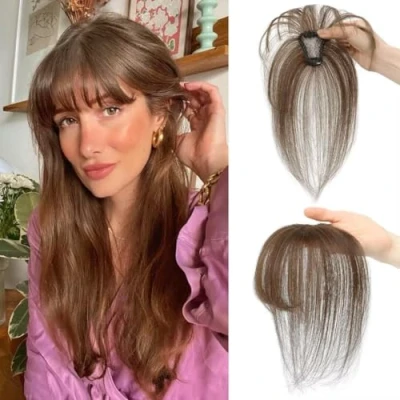 Image of Clip in Bangs, Fringe Human Hair, Real Hair Extensions, on Air Bangs for Women Hairpieces Curved Daily Wear, A, brown