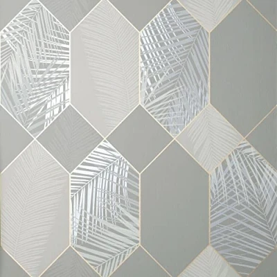 Image of Full Roll Grey Gold Miami Wallpaper Tropical Jungle Geometric Metallic