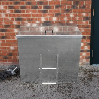 Image of Monster Shop Coal Storage Bunker 500kg 772L Galvanised Steel Raised Metal Base Strengthening Bar Baffle Plate Waterproof Rust &amp; Rodent Proof Wood Fire Sliding Door Hinged Lid Handle FREE Shovel