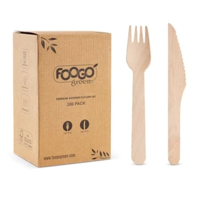 Image of FOOGO Green 200pcs Disposable Wooden Forks and Knives Set, FSC® Certified, 100x Forks, Knives, 16cm Cutlery Biodegradable, Eco Friendly Party, Like Bamboo Set