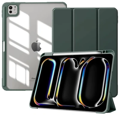 Image of TiMOVO for iPad Pro 11 inch (M4) Case 2024 with Pencil Holder, Slim Stand Protective Cover Clear Transparent Back Shell Tablet, Support Auto Wake/Sleep, Midnight Green