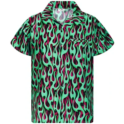 Image of King Kameha Funky Hawaiian Shirt, Men, Shortsleeve, Flames Allover, Green, M