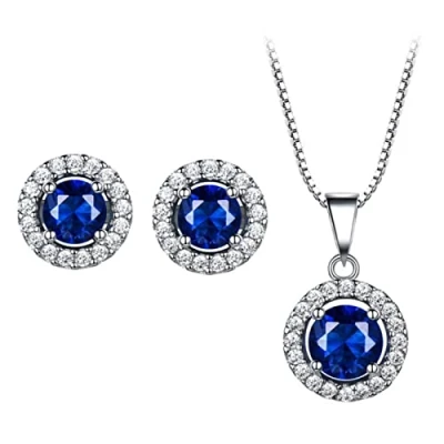 Image of ZLING Real 925 Sterling Silver Jewelry Sets Created Sapphire Stud Earrings Necklace Elegant Birthday Gift For Women Fine