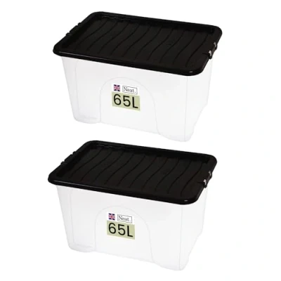 Image of Neat. Plastics 65L Heavy Duty Storage Box, Clear Base, Black Lid Organise Easily with Plastic Box Lid, Ideal Boxes for Storage, Durable Lids Pack of 2