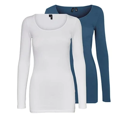 Image of VERO MODA Women&#039;s Long Sleeved Blouse, Pack of 2, Blue/White (1x Insignia Blue/1x Bright White), Large