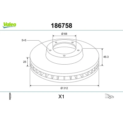 Image of 3B0615301B, 4B0615301A, 8D0615301J, 8E0615301R Brake disc VALEO 186758 Front Axle 312mm 25mm 5 Hole Vented AUDI: A6 C5 Avant, A4 B7 Avant
