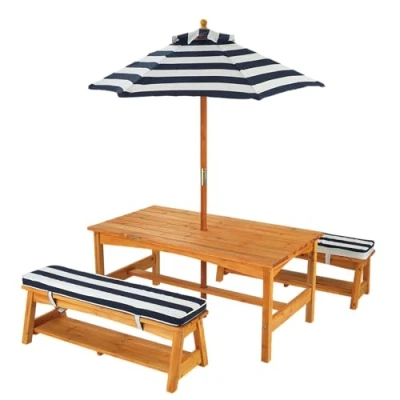 Image of KidKraft Wooden Garden Table and Bench set For Kids with Cushions Parasol, Outdoor Furniture Children, Navy White Stripes, 00106