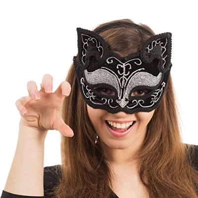 Image of Bristol Novelty Cat Decorative Eye Mask on Headband, PET, Polyester, Fabric, Glue, Glitter, Black, One Size