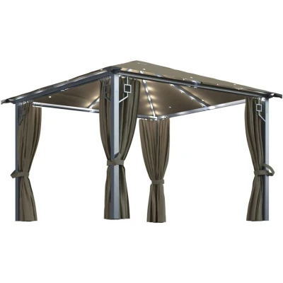 Image of vidaXL Gazebo with Curtain&amp;LED String Lights 3x3 m Taupe Aluminium