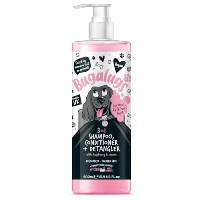 Image of BUGALUGS dog Shampoo 3 in 1 shampoo, Conditioner &amp; Detangler Raspberry Lemon perfume grooming products for smelly dogs, best coat puppy pet professional accessories